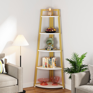 Tribesigns furniture White Gold Corner Shelf Bookshelves 5 tier Bookcase ladder Storage Rack Plant Stand for Small Space