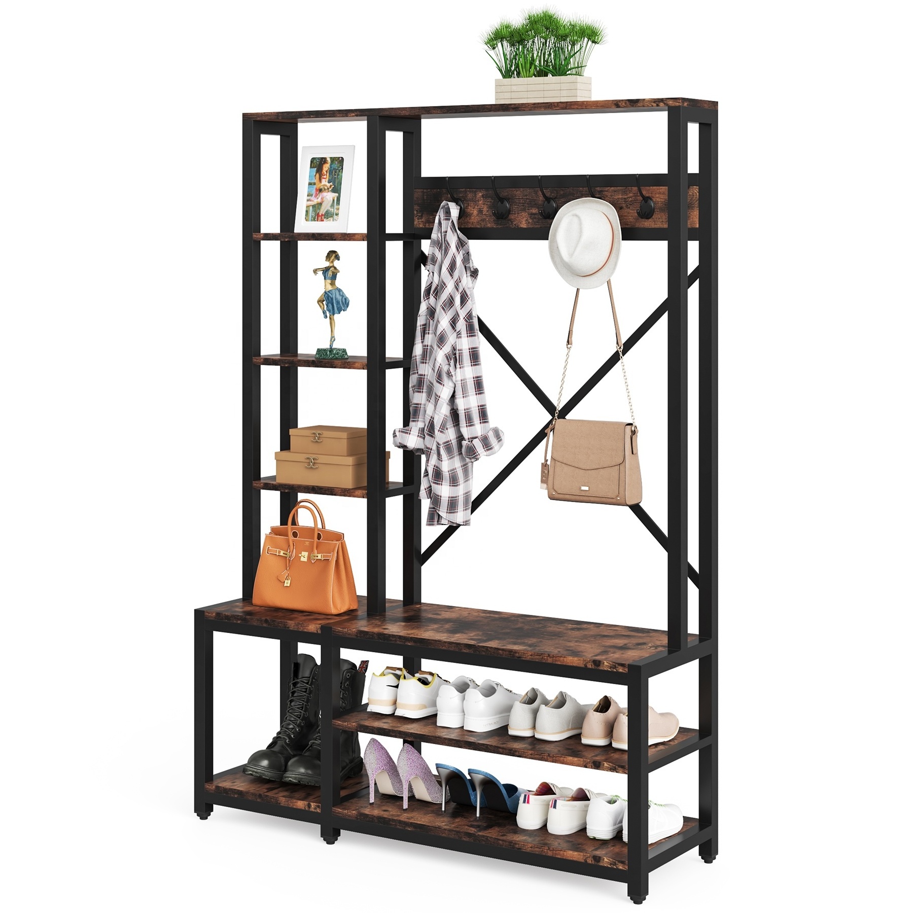 Tribesigns Industrial  4 In 1 Design Metal Coat Hat Umbrella Shoe Stand Rack Wooden Entryway Rack Hall Tree Shoe Bench