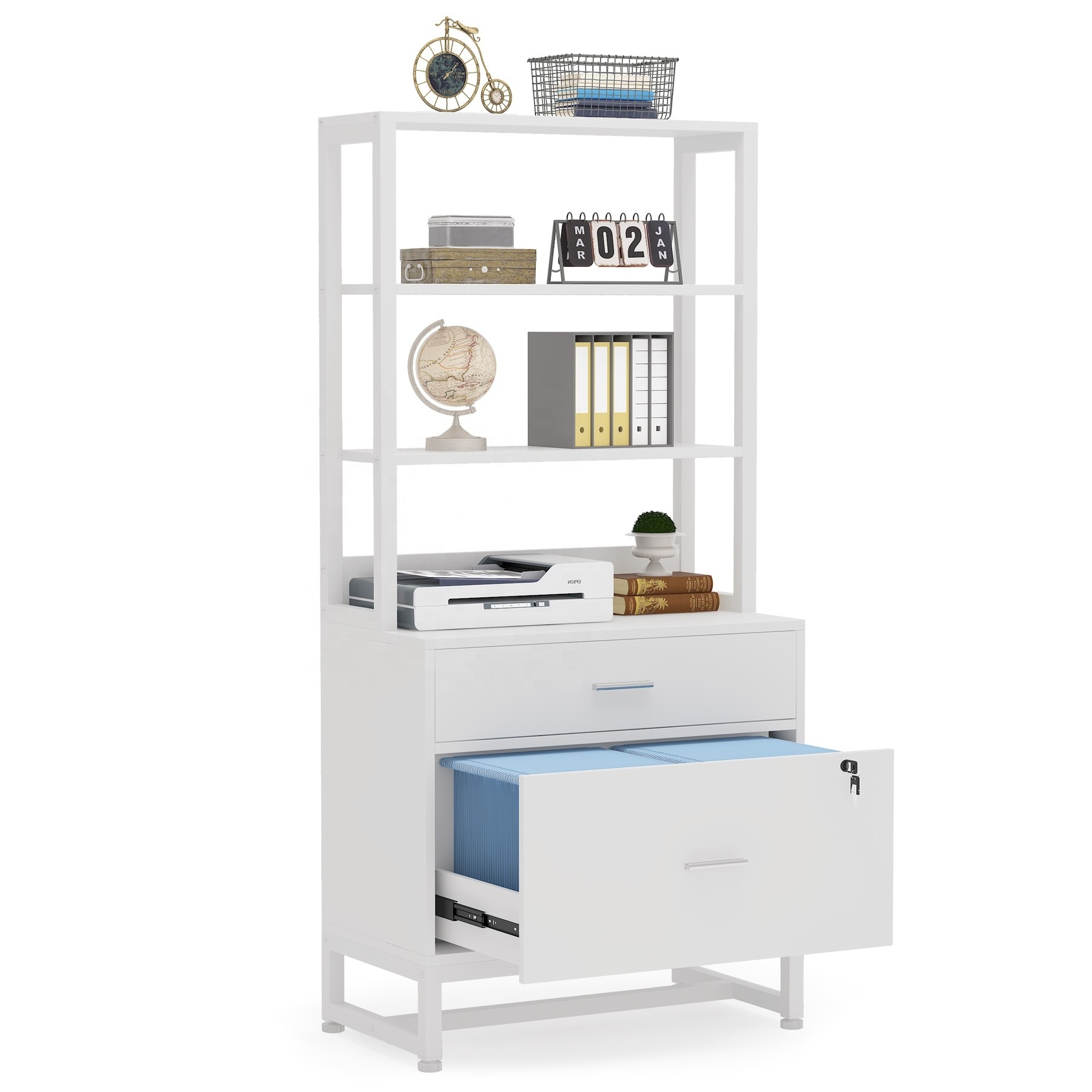 Tribesigns White Printer Stand with Open Storage Shelves 2-Drawer Lock Wood File Cabinet Mobile Lateral White Filing Cabinets