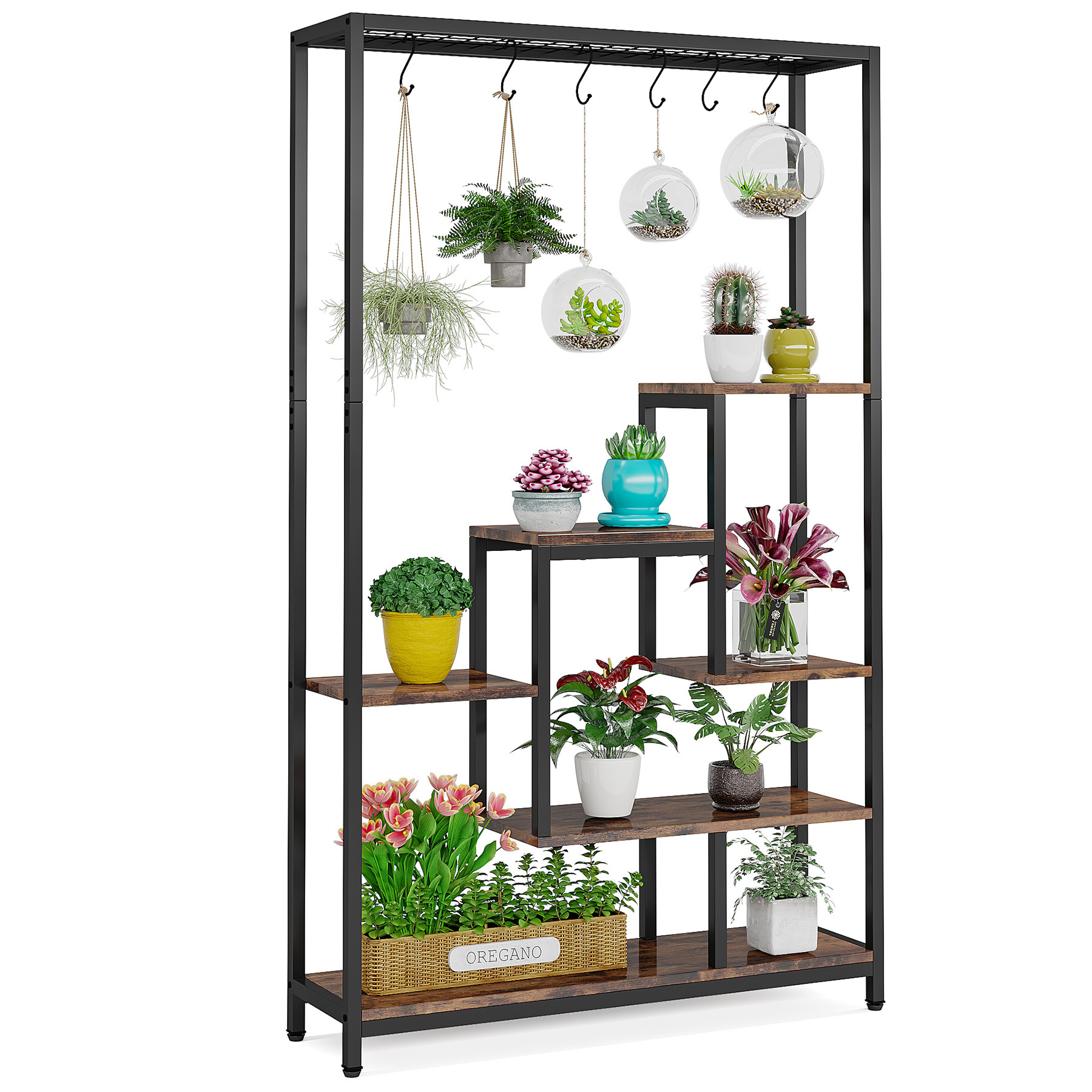 Tribesigns Amazon Hot Large Wooden 6 Hanging Hooks MultiPurpose Display Balcony Indoor Metal Patio Plant Flower Shelf Stand