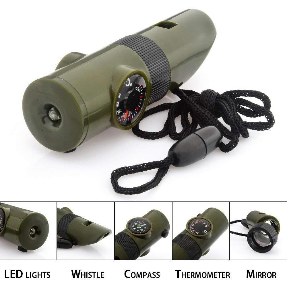 Outdoor 7 in 1 Emergency Survival Tool Kit Lifesaving light Compass Flashlight Multifunctional Whistle with Thermometer