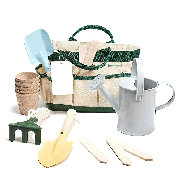 Kids Outdoor Playing Learning Toys Gardening Tool Set Tote Bag Watering Can Smock