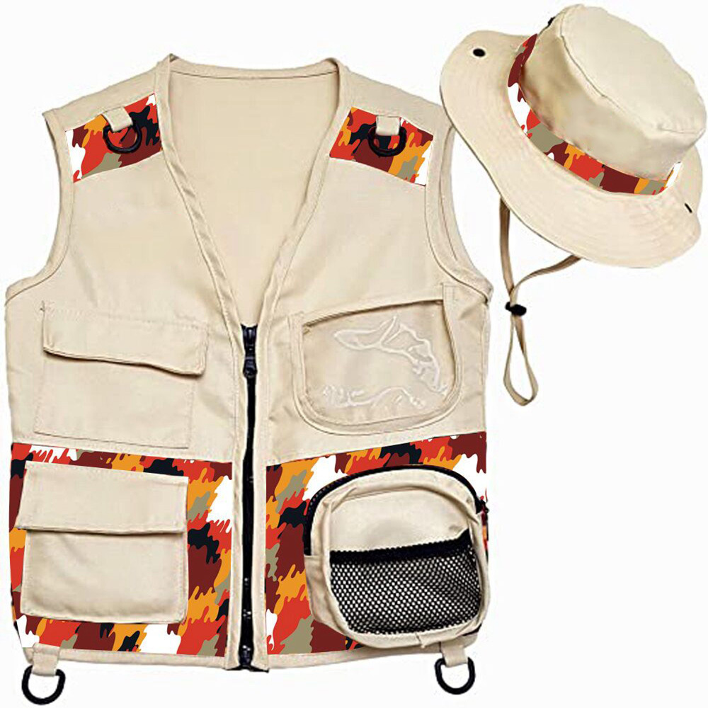 Orange Camouflage Cargo Vest and Hat Set Backyard Nature Adventures Washable Costume for Kids