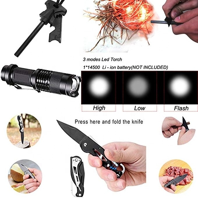 14 in 1 Emergency Survival Kit Outdoor Camping Ultimate EDC Survival Gear Tool with Fire Starter, Whistle, Flashlight