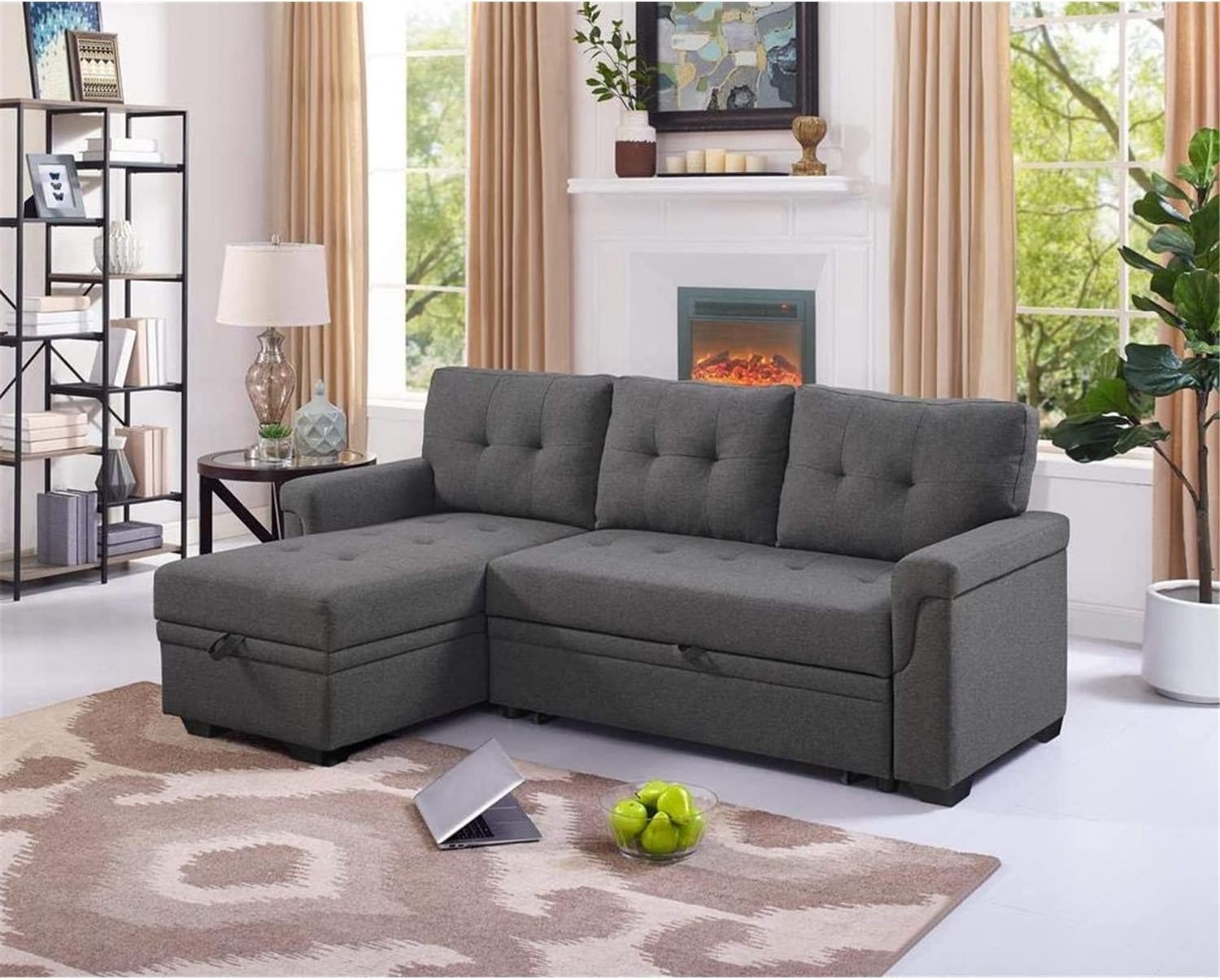 Reversible Sectional Sofa Couch Storage Chaise Pull Out Sleeper L-Shape  Linen Lounge