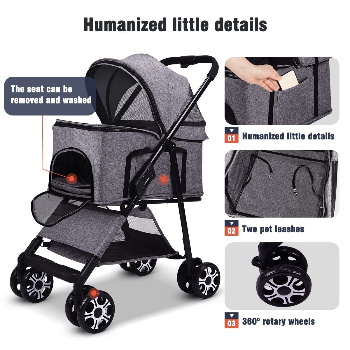 TH-PSP-407 Latest Model Wheel Pet Stroller Cat Stroller Lightweight Foldable Portable Compact Jogger Pet Gear