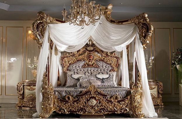 TRIHO Furniture Imperial Classic Style Rococo Furniture Hand Made Solid Canopy Carved Wooden Bed