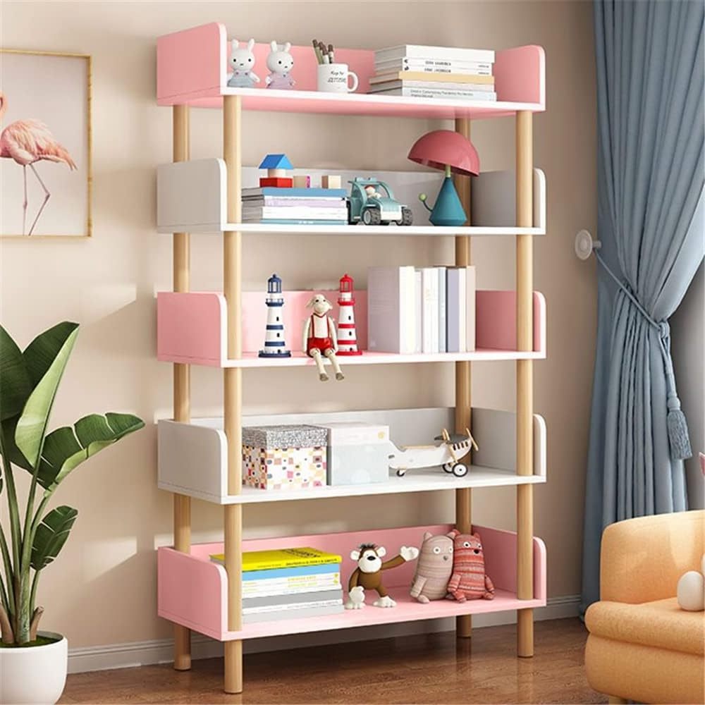 THLC - 0027 American Kids Bookshelf Modern 5-Tier Tall Library Bookcase with Open Storage Shelves Wood Display Shelving