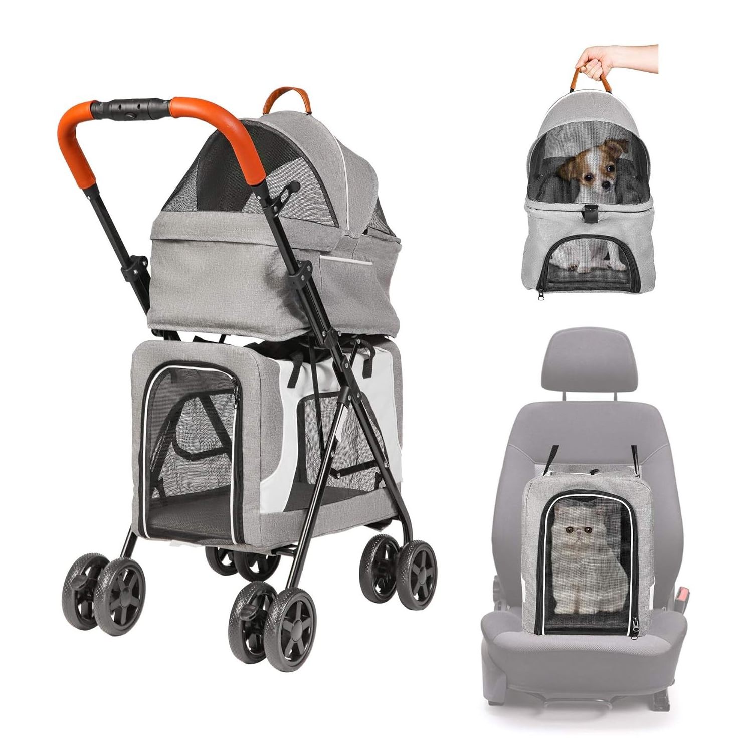 TH-PSP-385 Large storage Wheels Pet Stroller for Cats and Dogs with No zipper Entry Easy Folding Pet Carrier