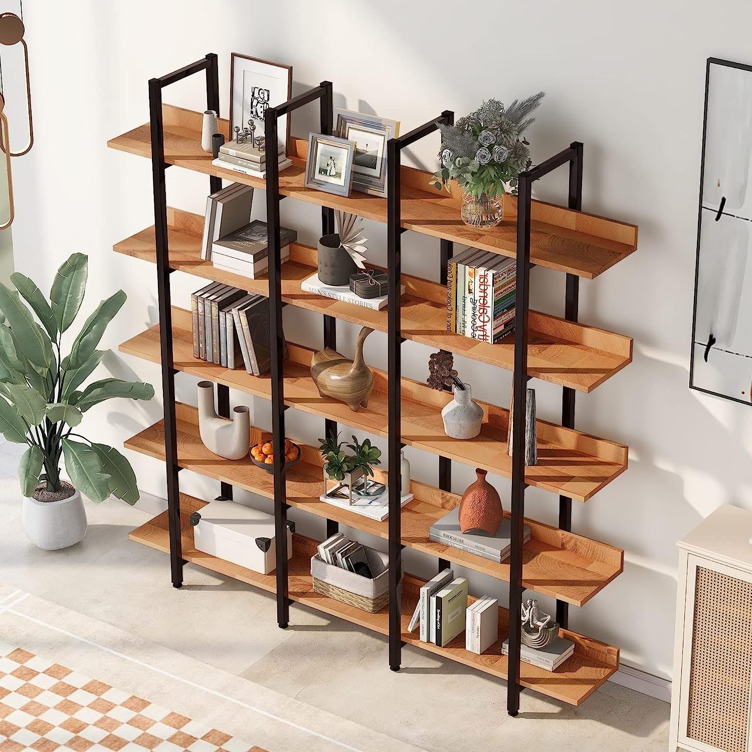 THLC - 0079 European Storage 5-Tier Bookshelf Wide Bookcase with Open Shelves Industrial Bookshelves