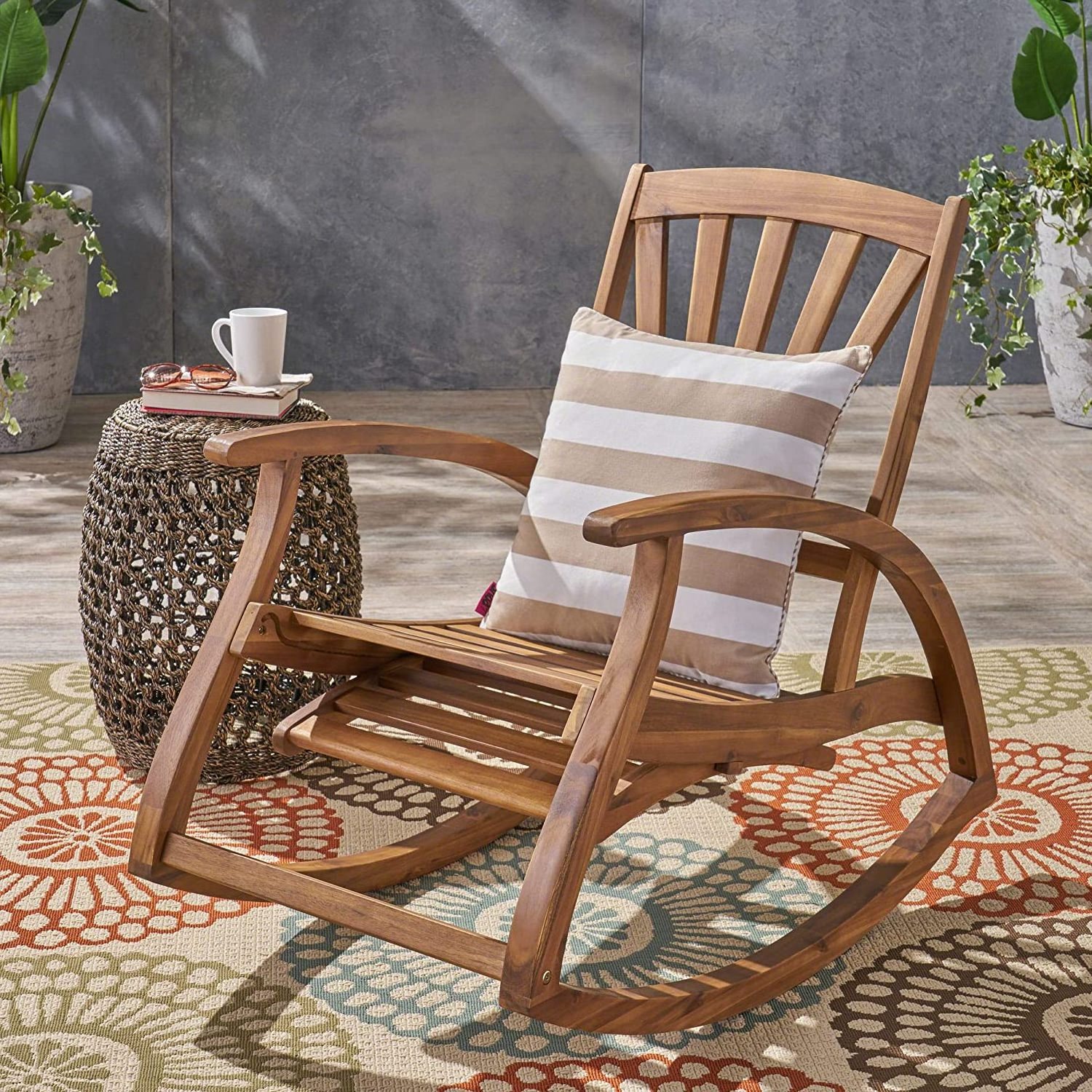 THLCr - 0065 Modern Custom Design Home Outdoor Acacia Wood Rocking Chair with Footrest in Teak Finish for living room