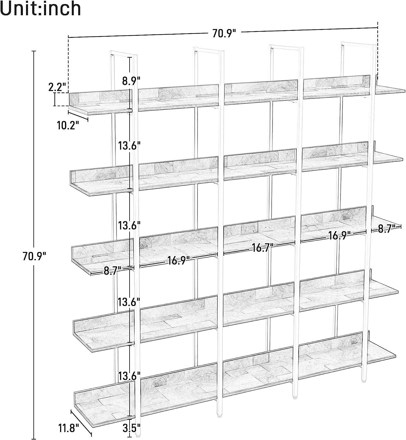 THLC - 0079 European Storage 5-Tier Bookshelf Wide Bookcase with Open Shelves Industrial Bookshelves