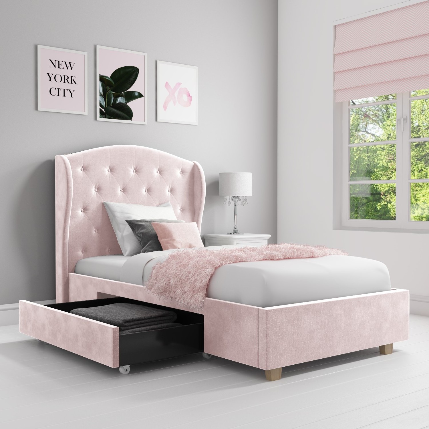 TRIHO Furniture 2020 New Design Cute Pink Comfortable Velvet Fabric Solid Wood Single Kids Bed For Girls