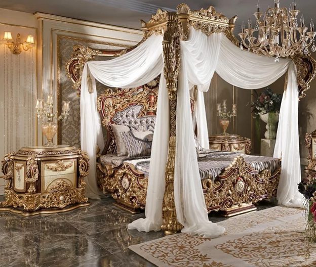 TRIHO Furniture Imperial Classic Style Rococo Furniture Hand Made Solid Canopy Carved Wooden Bed