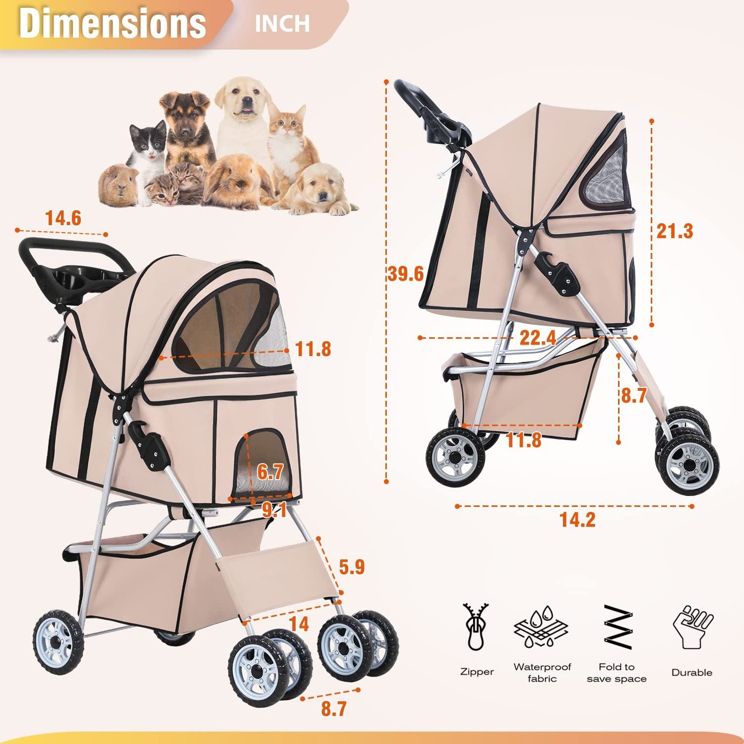 TH-PSP-048 Vietnam Factory Price Durable Material Rotate wheels Dog pet stroller Cart for all seasons