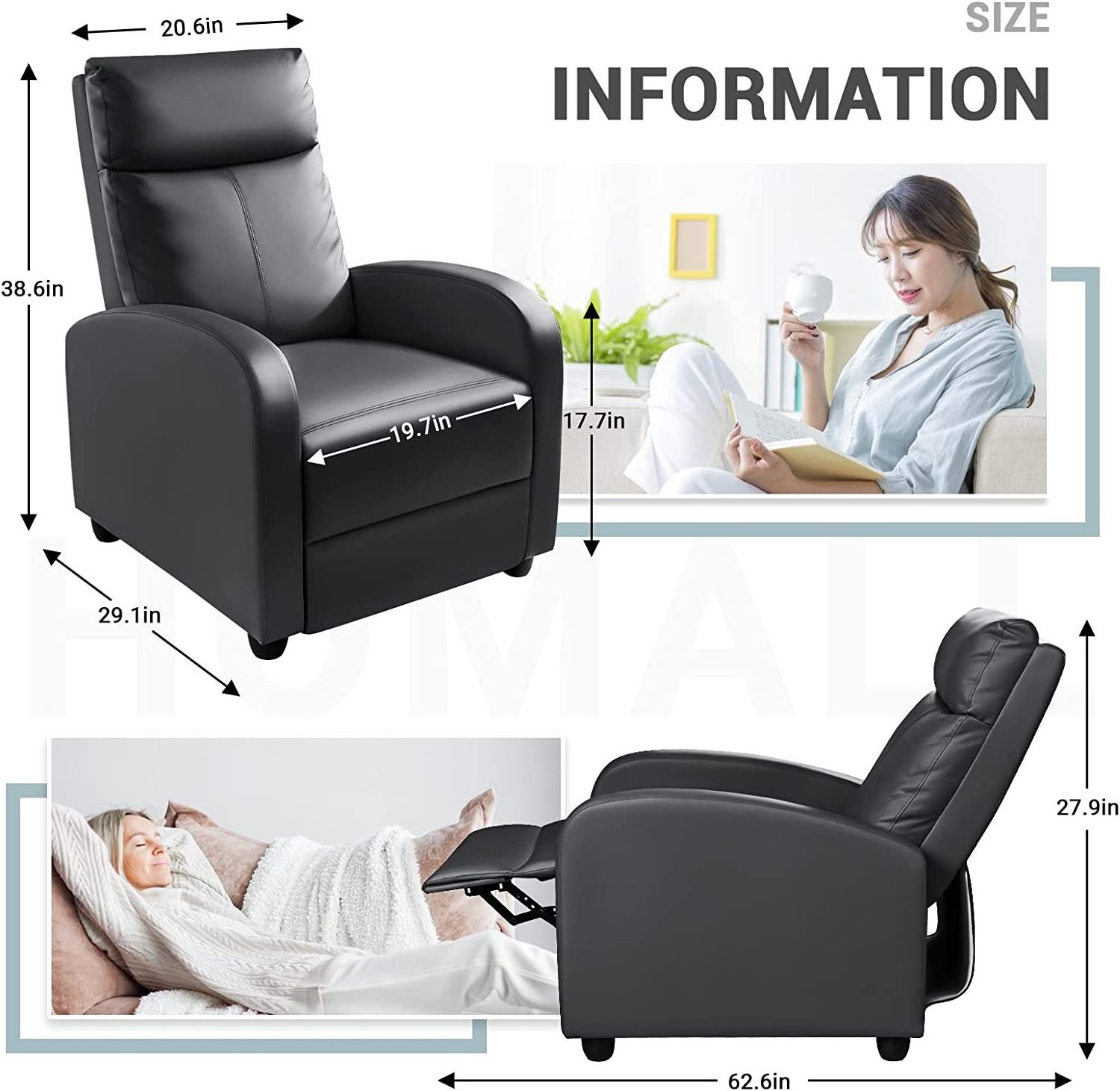 Recliner Chair Padded Seat Pu Leather for Living Room Single Sofa Recliner Modern Recliner Seat Club Chair Home Theater Seating