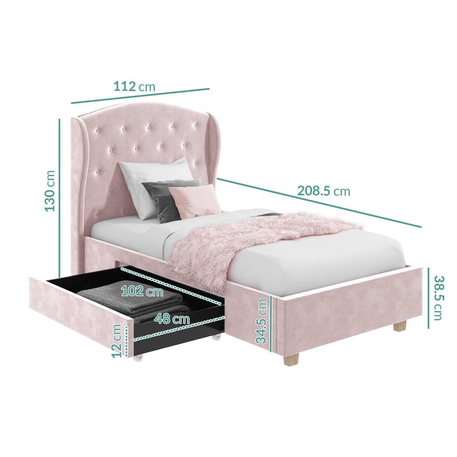 TRIHO Furniture 2020 New Design Cute Pink Comfortable Velvet Fabric Solid Wood Single Kids Bed For Girls