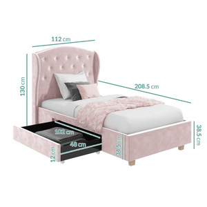 TRIHO Furniture 2020 New Design Cute Pink Comfortable Velvet Fabric Solid Wood Single Kids Bed For Girls