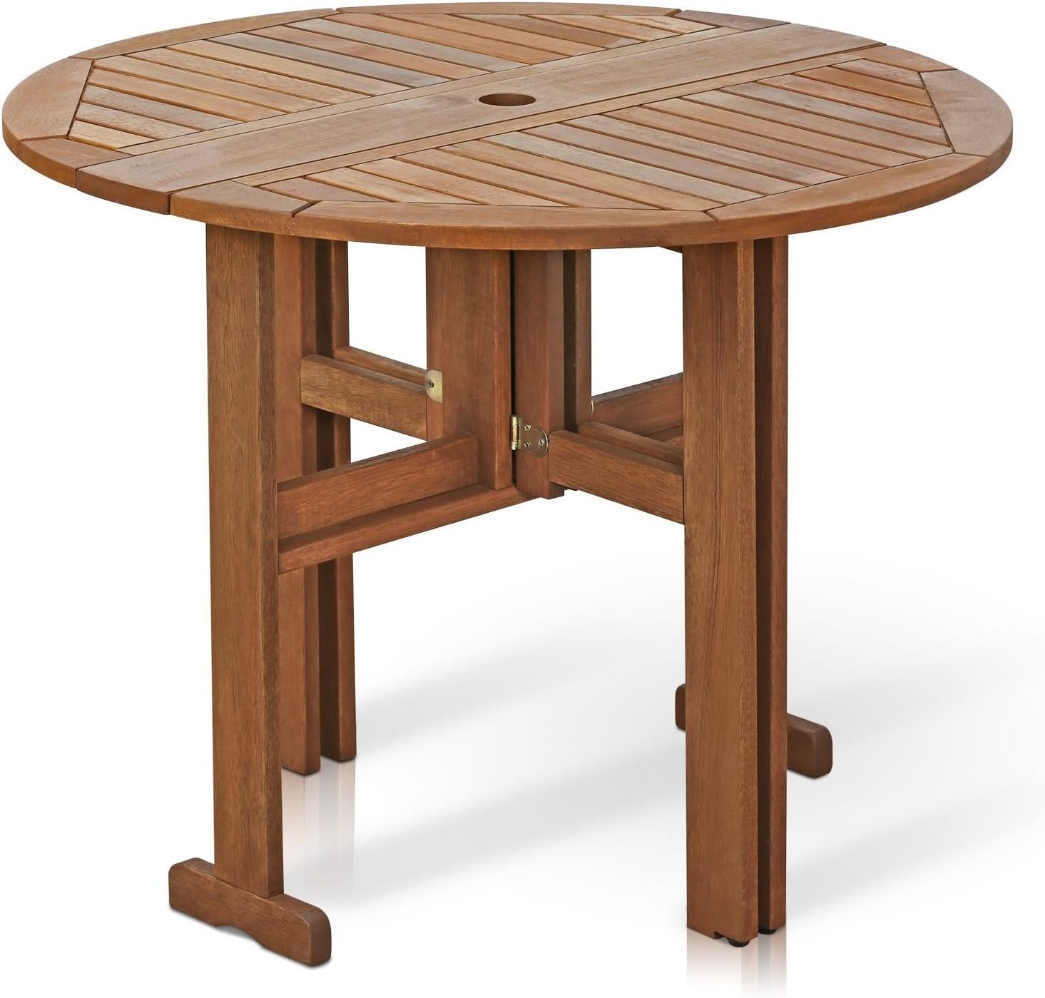 THCT - 0058 American Custom Hardwood Patio Furniture Gateleg Round Table in Teak Oil Natural