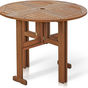 THCT - 0058 American Custom Hardwood Patio Furniture Gateleg Round Table in Teak Oil Natural