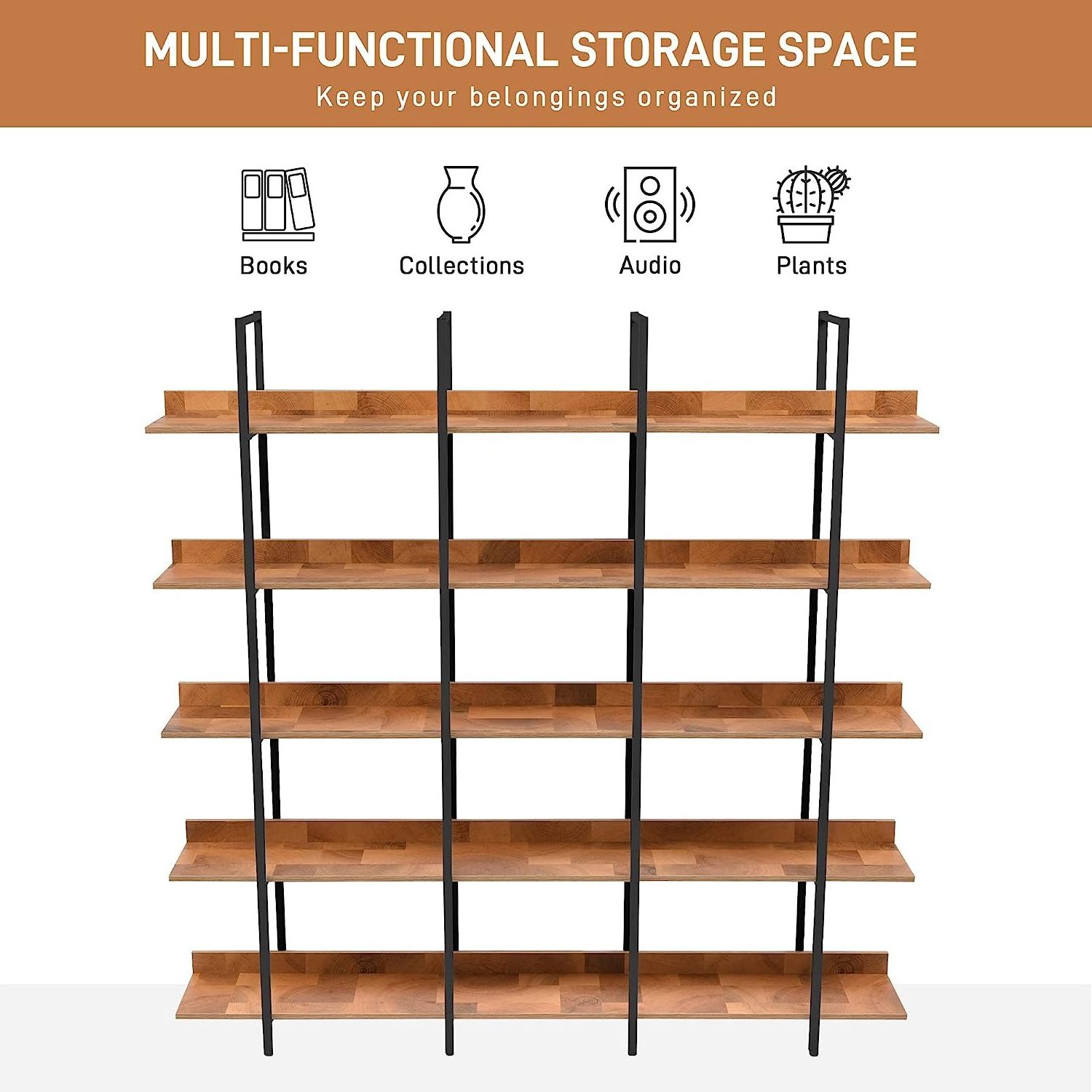 THLC - 0079 European Storage 5-Tier Bookshelf Wide Bookcase with Open Shelves Industrial Bookshelves