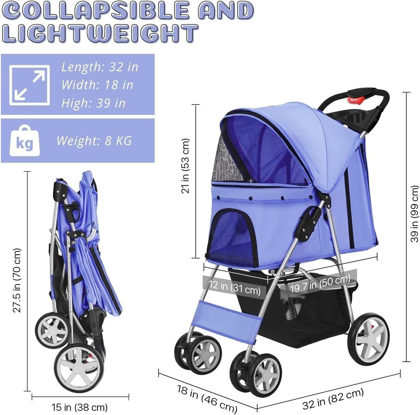 TH-PSP-440 Compact design Dog Cat Stroller for Medium Small Dogs Cats Folding Cat Jogger Stroller with Storage Basket Breathable