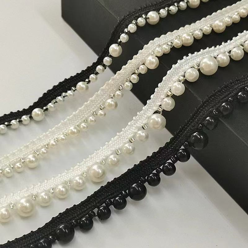 Pearl Beaded Lace Edge Trim beads laces trims Ribbon Bridal Dress sewing on beads trim