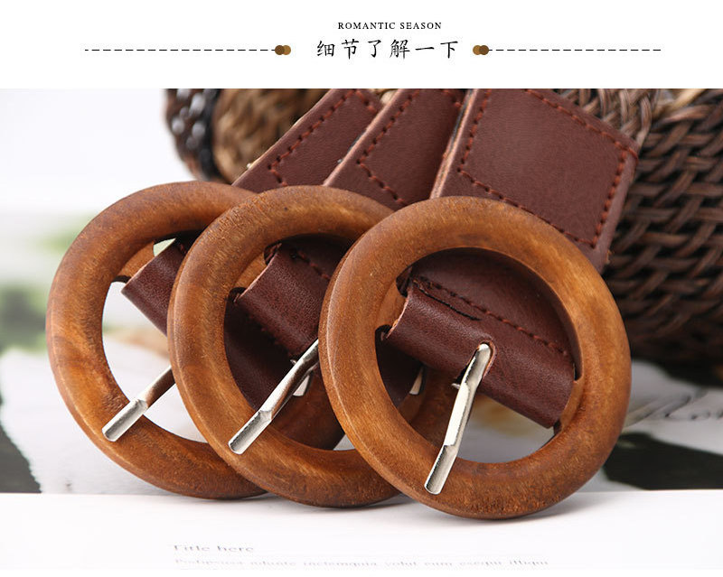 Custom Logo Wholesale Ladies Contrast Woven Weave Elastic Stretch Belt  Wooden  Buckle Fabric  Belts