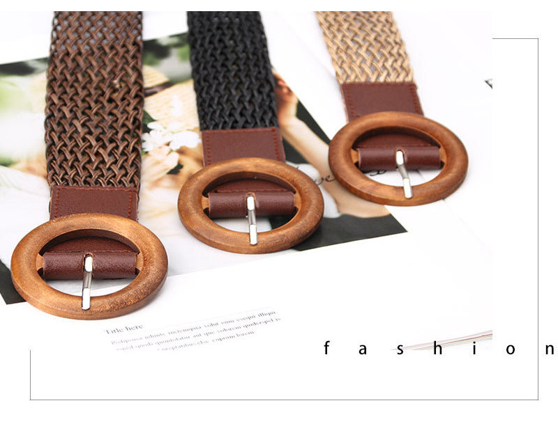 Custom Logo Wholesale Ladies Contrast Woven Weave Elastic Stretch Belt  Wooden  Buckle Fabric  Belts