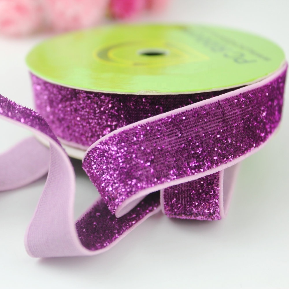 Wholesale 16mm Solid Color Elastic Stretch Glitter Velvet Metallic Elastic Webbing