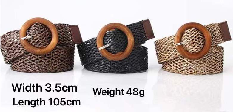 Custom Logo Wholesale Ladies Contrast Woven Weave Elastic Stretch Belt  Wooden  Buckle Fabric  Belts