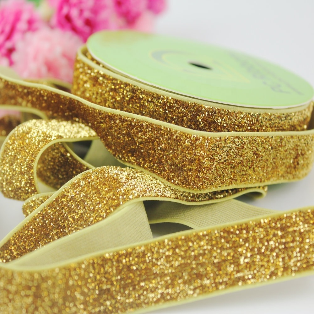 Wholesale 16mm Solid Color Elastic Stretch Glitter Velvet Metallic Elastic Webbing