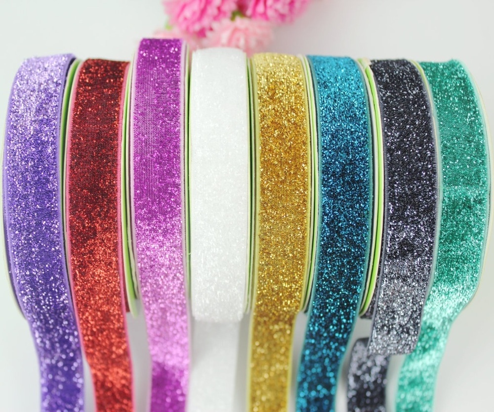 Wholesale 16mm Solid Color Elastic Stretch Glitter Velvet Metallic Elastic Webbing