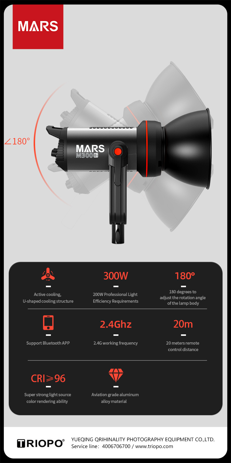 Triopo  Mars 300D  LED Video Light 2700K-6500K Continuous Lighting CRI 95+ TLCI 96+ w/Bowens Mount, Manual and App Control