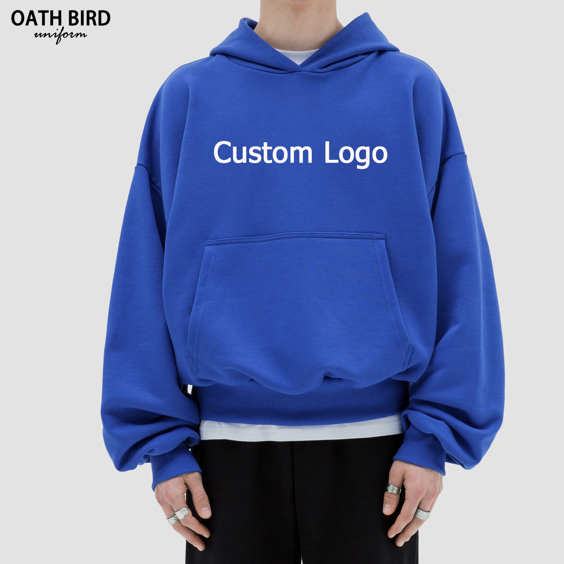 High Quality Cotton Fleece 400gsm Heavyweight no String Blue Hoodie Blank Custom Screen print Oversized Boxy Fit Hoodies for Men