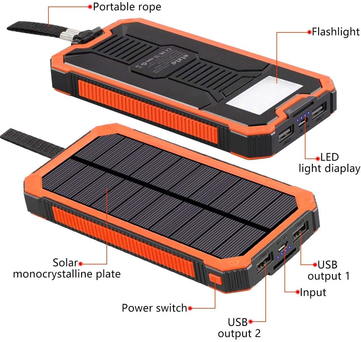 Amazon Solar 20000mAh Power Bank Dual USB powerbank Waterproof Battery External Portable Charging with LED Light 2USB power bank