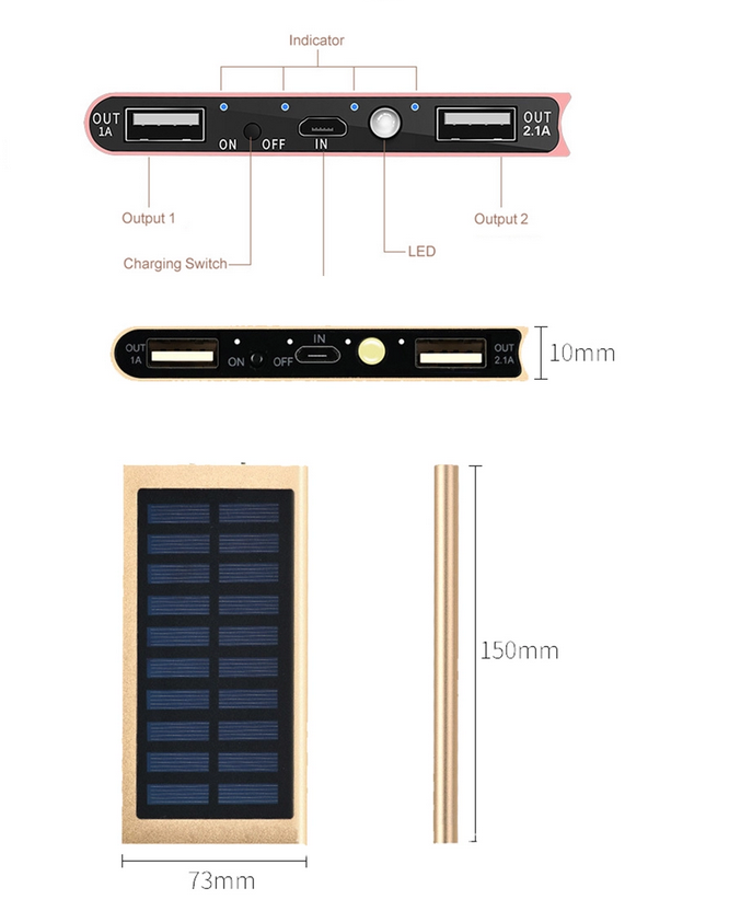 Ultra-thin Solar Power Bank Phone Charger 10000mah with LED light Outdoor Mobile Portable Battery Dual USB Powerbank