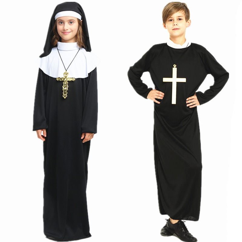 Halloween Costume Missionary Clerical Dress Maria Priest Nun Robes Cosplay Costume Adult Jesus Christ Male Children Polyester