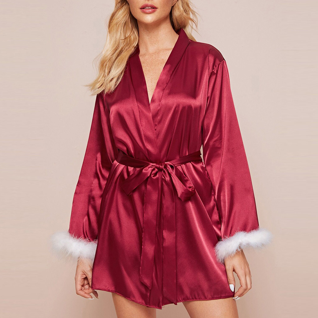 2024 Sexy Women Silk Satin Robe with fur Wedding Bride Bridesmaid Pajamas Satin Sleepwear Plus Size  Nighty Robe