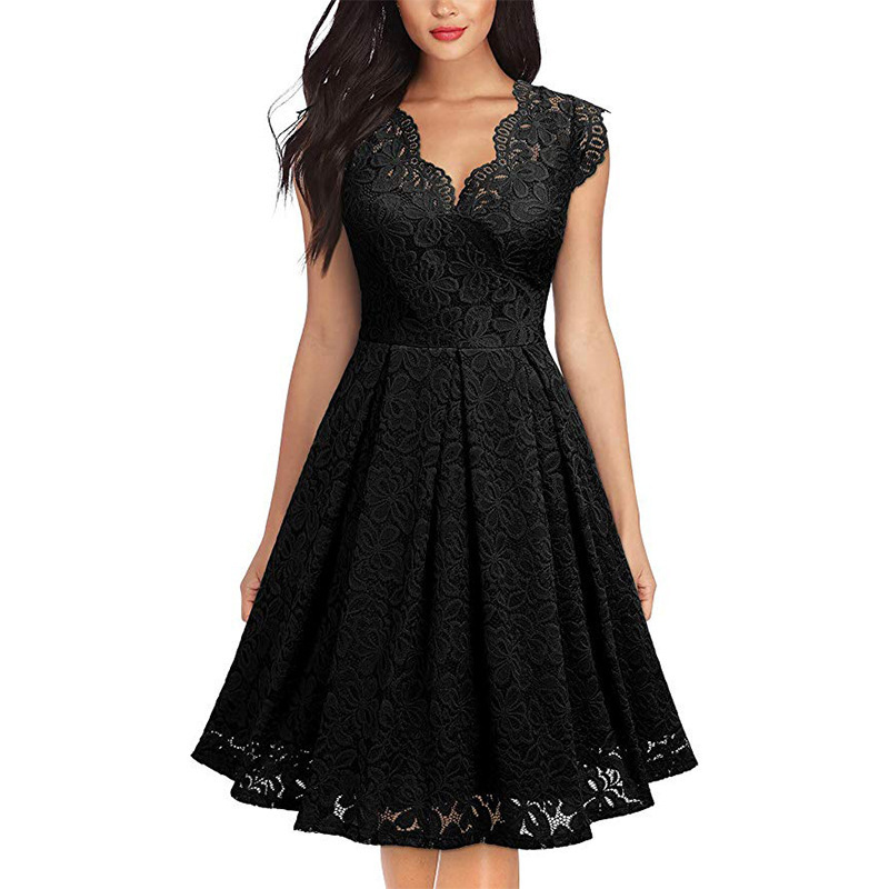 Summer Vintage Flower Hollow Lace V-Neck Bodycon Women Casual Dress Sleeveless Mother of Bride Dress