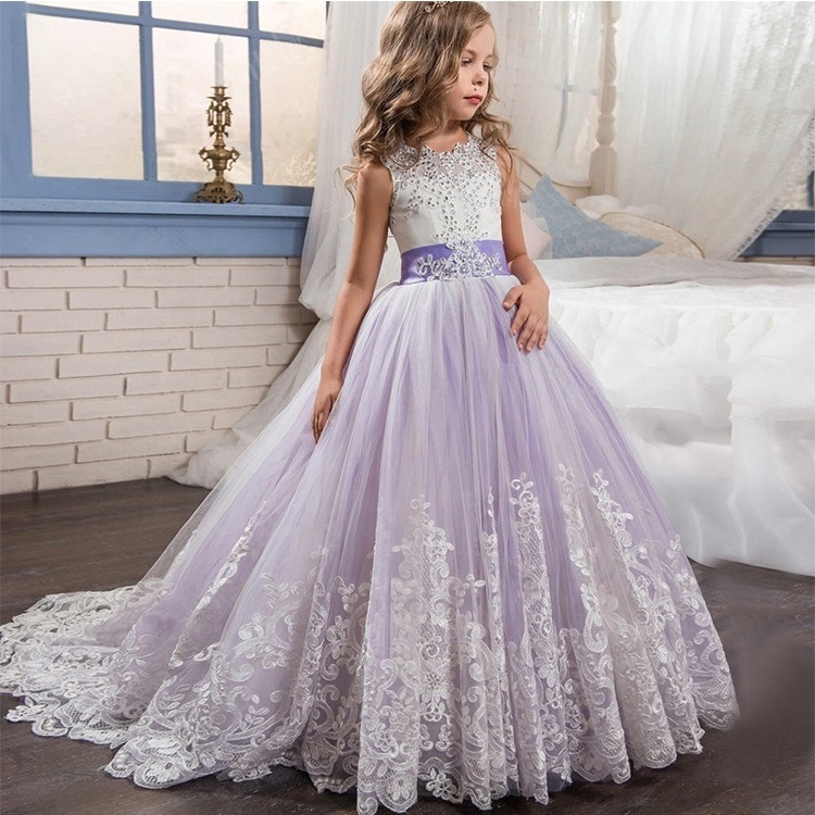 Elegant princess evening dresses for girls of 10 year old long trailing flower girl net dresses banquet children party dress