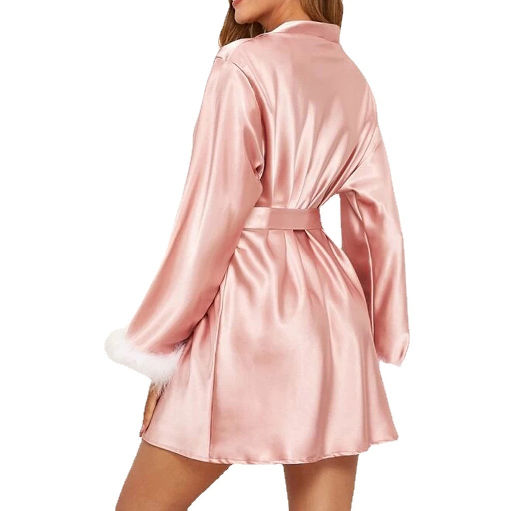 2024 Sexy Women Silk Satin Robe with fur Wedding Bride Bridesmaid Pajamas Satin Sleepwear Plus Size  Nighty Robe