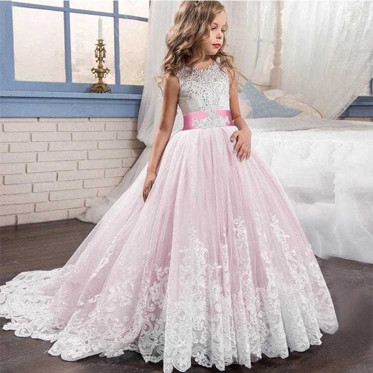 Elegant princess evening dresses for girls of 10 year old long trailing flower girl net dresses banquet children party dress