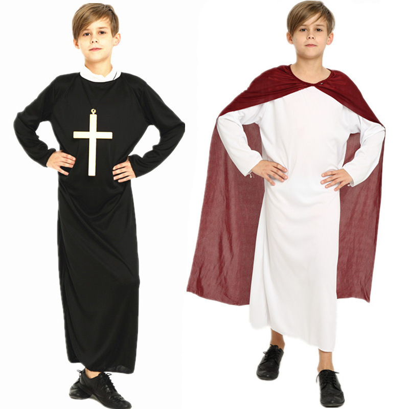 Halloween Costume Missionary Clerical Dress Maria Priest Nun Robes Cosplay Costume Adult Jesus Christ Male Children Polyester