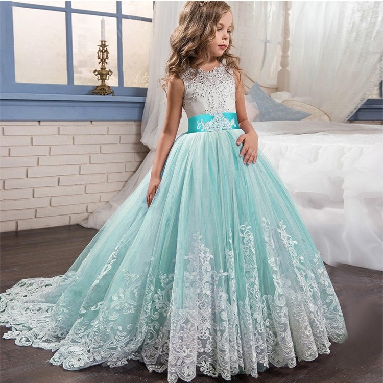 Elegant princess evening dresses for girls of 10 year old long trailing flower girl net dresses banquet children party dress