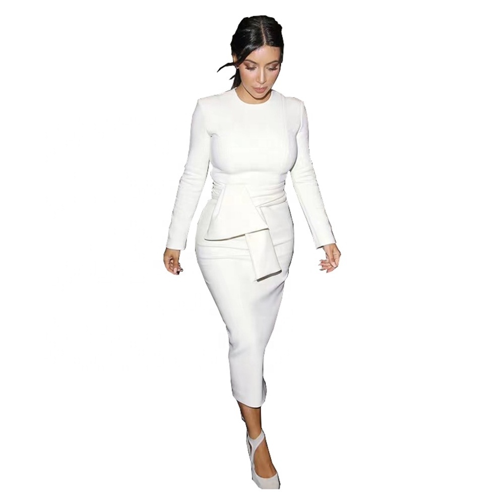 Fashion White Long Sleeve Lady Elegant Sexy Slim Pencil Dress for Womens Clothing Woman Natural Simple African Party Dress Solid