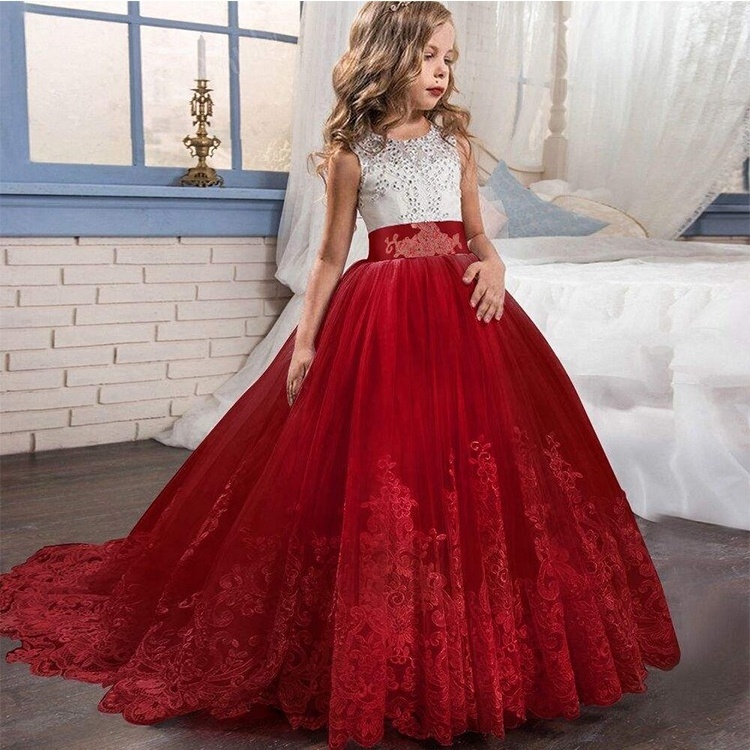 Elegant princess evening dresses for girls of 10 year old long trailing flower girl net dresses banquet children party dress