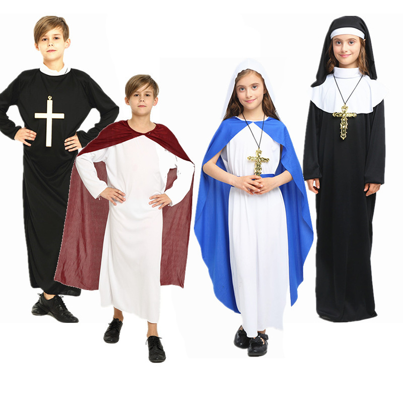 Halloween Costume Missionary Clerical Dress Maria Priest Nun Robes Cosplay Costume Adult Jesus Christ Male Children Polyester