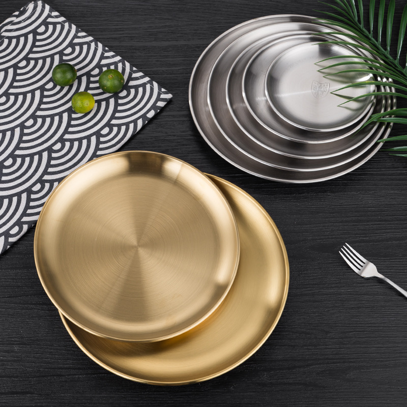 Gold Plates Commercial Tableware Round Plate Sets Dinnerware Stainless Steel Plate For Restaurant hotel wedding