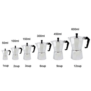 Modern Italian Aluminum Moka Pot Coffee Maker Stove-Top Moka Pot 1 to 12 Cups with Lid and Coffee Spoon Wholesale